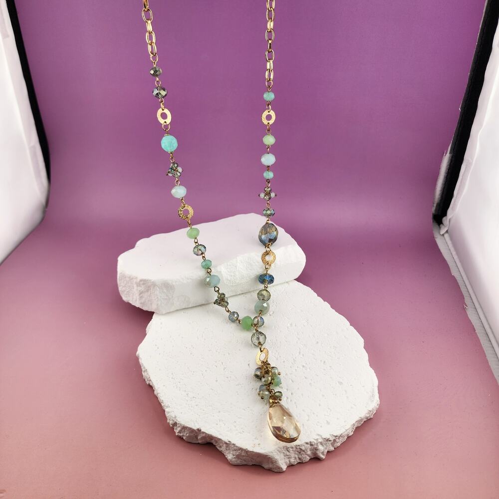Mint Aqua Faceted Bead Teardrop Pendant Necklace 35" Gold Tone Boho Layering